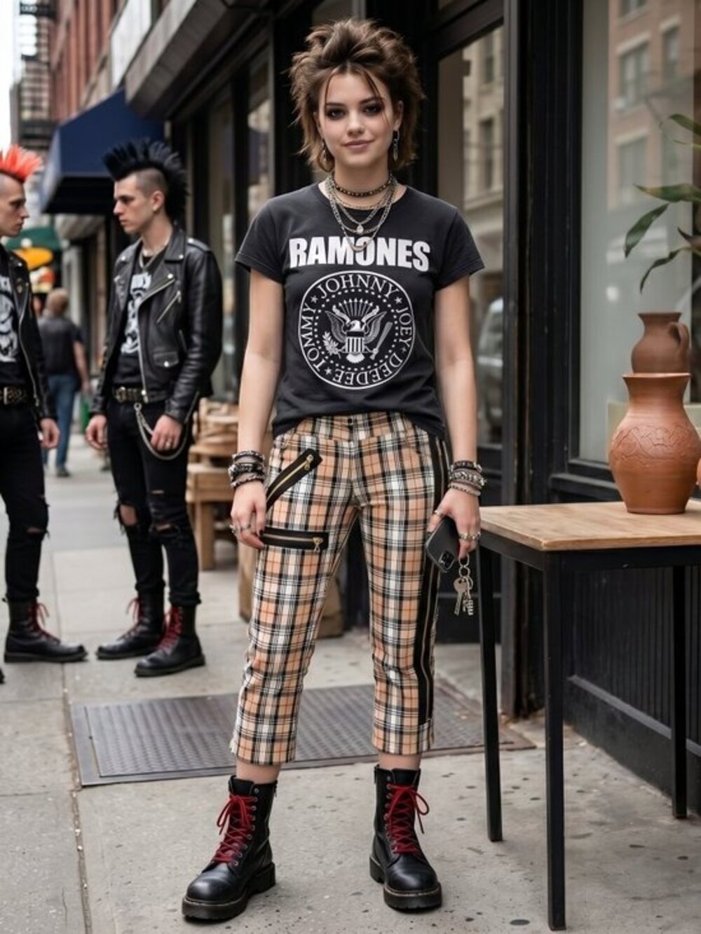 y2k Vintage punk Frankie B. Plaid Cargo Pants with Black Zipper Accents